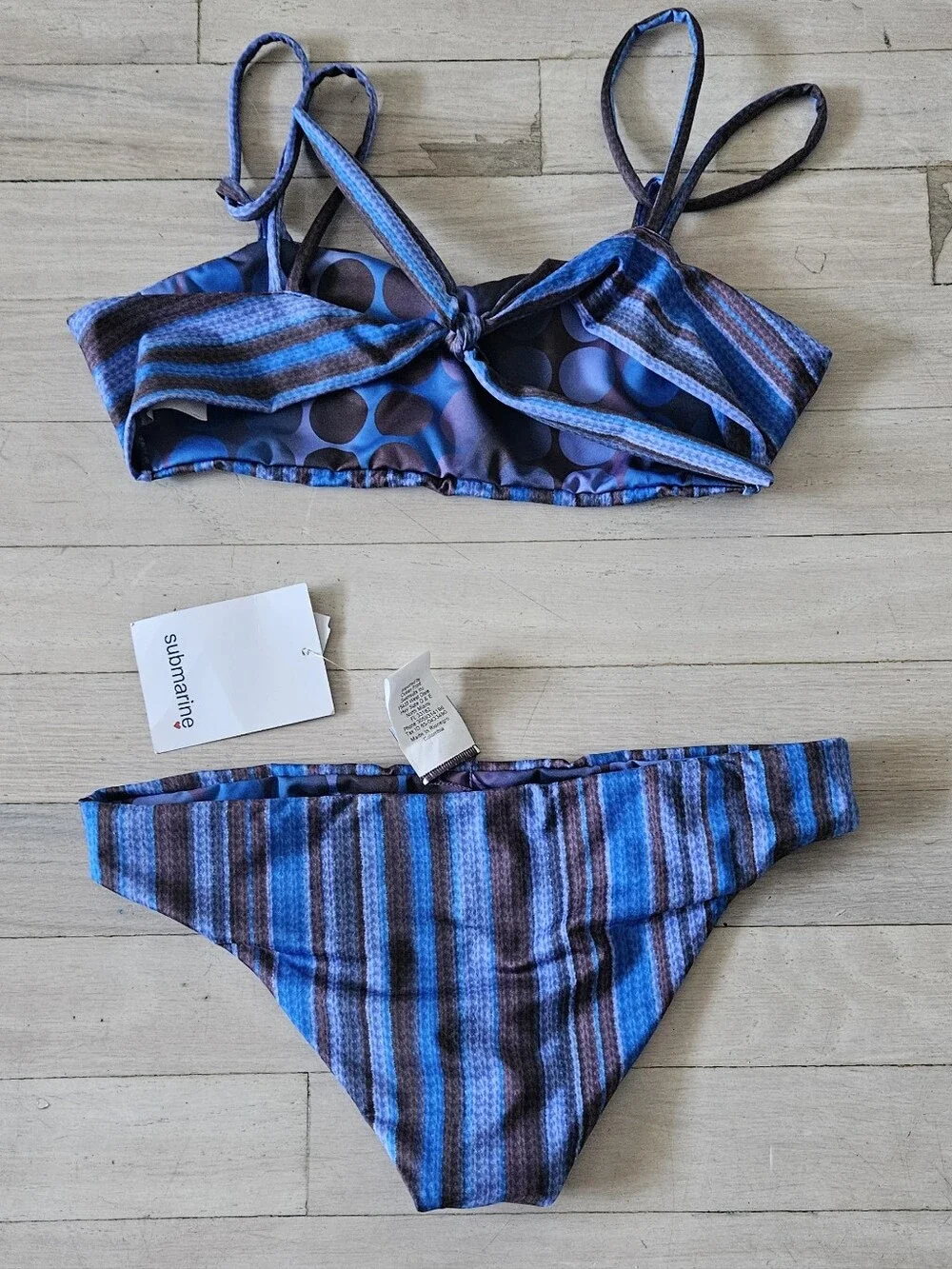 Reversible Blue & Brown Striped/ Blue & Brown Dot Girls' Two-Piece Swim Bikini